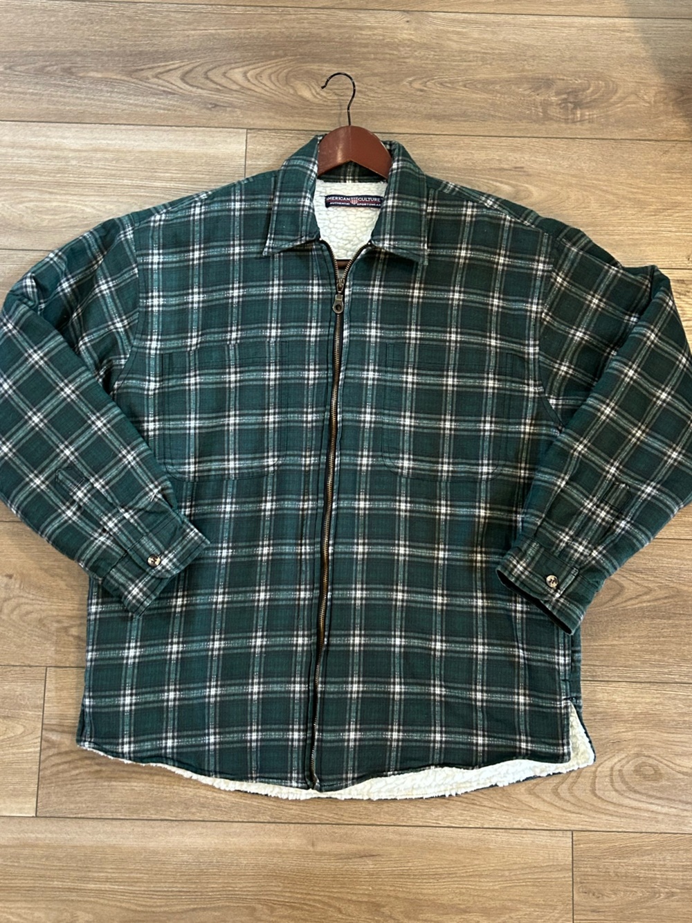 American Culture Sherpa Lined Plaid Flannel Jacket Green Size L